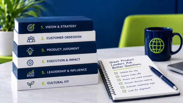 Hiring your first product leader - stacked evaluation criteria books and notepad with better interview questions