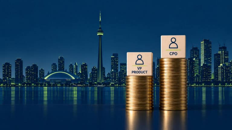 CPO VP Product salaries shown as stacked coins with wooden blocks against the Toronto skyline