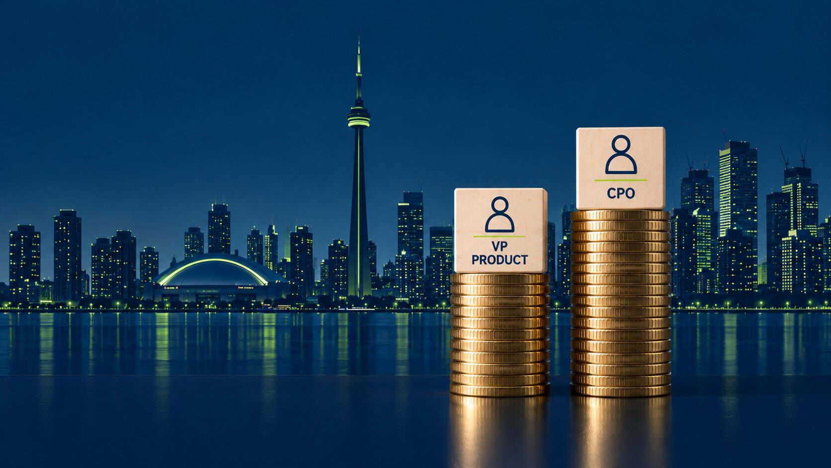 CPO VP Product salaries shown as stacked coins with wooden blocks against the Toronto skyline