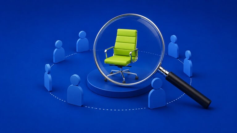 Magnifying glass highlighting an empty executive chair, symbolizing the search for a first VP of Product