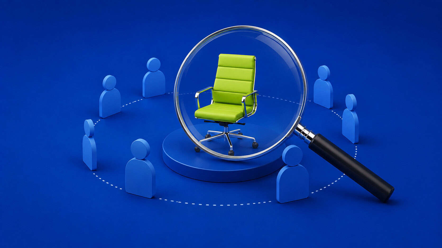 Magnifying glass highlighting an empty executive chair, symbolizing the search for a first VP of Product